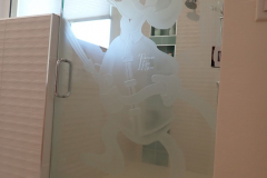 Custom etched shower door seen in a home of a retired firefighter