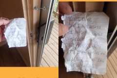Note from seller found stuck in door with missing door latch