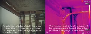 Garage roof leak seen with infrared camera
